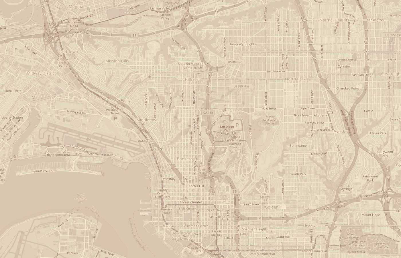 Map of central San Diego showing the Marston House and nearby hotels